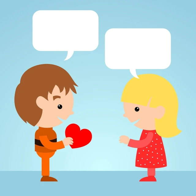 a boy giving a heart to a girl, vector art, conceptual art, speech bubbles, with a blue background, card game illustration, minimalistic illustration
