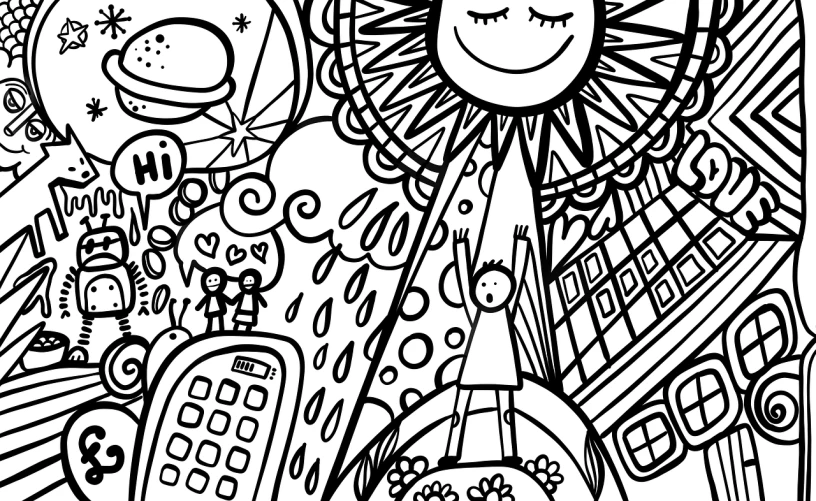 a black and white drawing of a woman's face, a child's drawing, inspired by Murakami, cg society contest winner, osaka skyline background, pose(arms up + happy), são paulo, shining sun