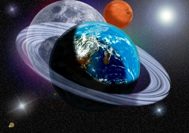 a picture of a planet with a ring around it, a digital rendering, space art, moonwalker photo, several continents, full subject shown in photo, on a galaxy looking background