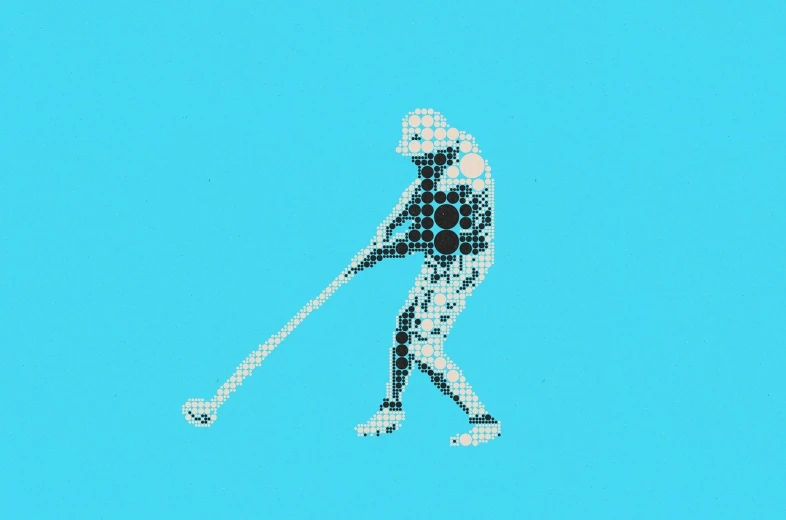 a man swinging a baseball bat at a ball, digital art, inspired by Kinichiro Ishikawa, kinetic pointillism, skeleton, cyan, ny, droid