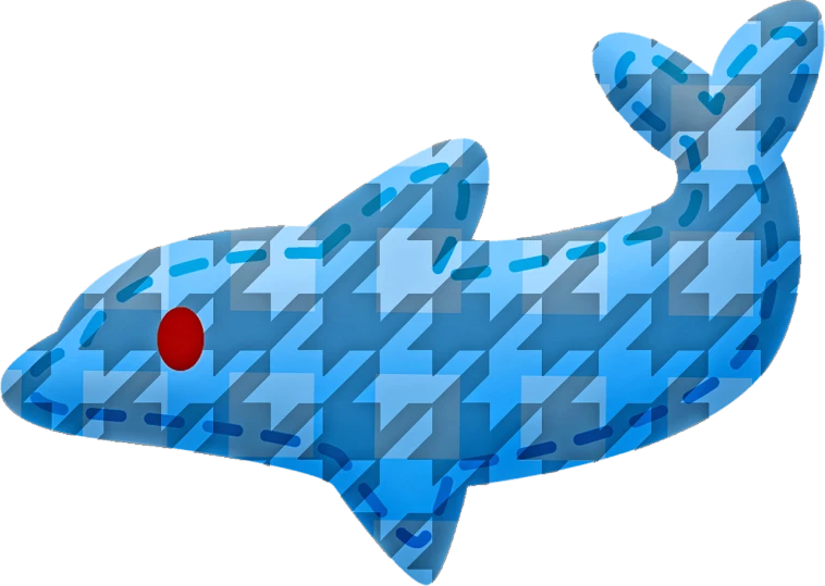 a dolphin with a red dot in its mouth, a digital rendering, by Jon Coffelt, pixabay, toyism, checkerboard pattern underwater, blue submarine no. 6, cel-shaded:17, けもの