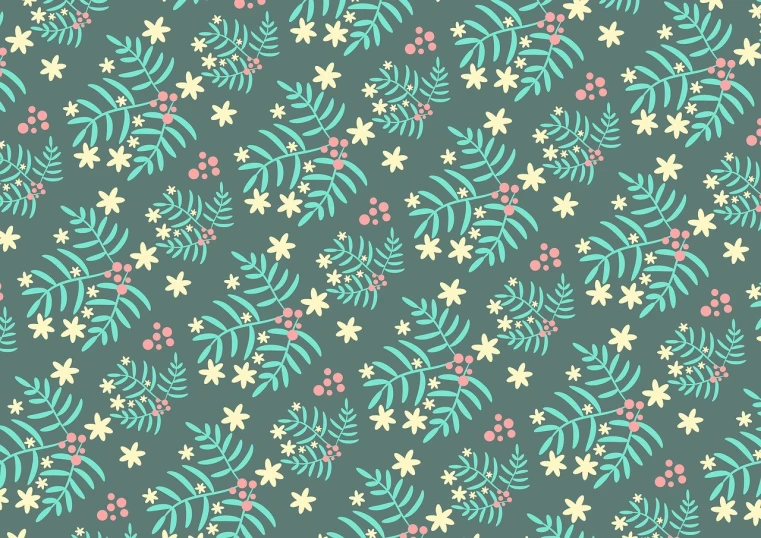 a pattern of flowers and leaves on a blue background, inspired by Laura Wheeler Waring, polycount, naive art, fern, vintage - w 1 0 2 4, berries, trees and stars background