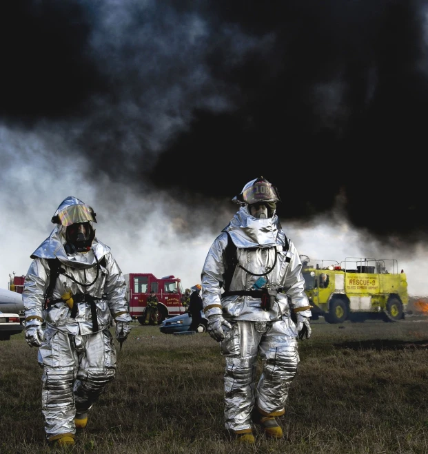 a couple of people that are standing in the grass, by Rodney Joseph Burn, pexels, hazmat suits, uniform off - white sky, cold metallic atmosphere, tx