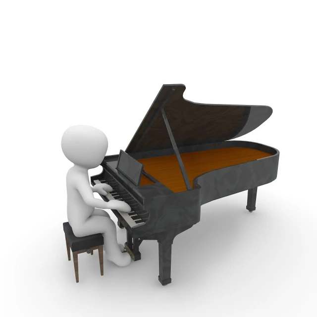 a 3d man sitting at a grand piano, trending on pixabay, computer art, wikihow illustration, isolated on whites, mid shot photo