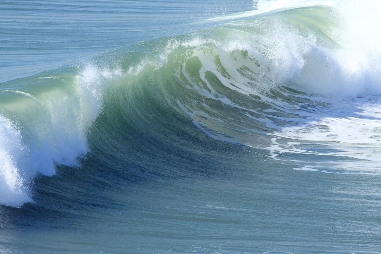 a man riding a wave on top of a surfboard, a picture, by David Simpson, pexels, renaissance, tones of blue and green, immense detail, morning detail, immense scale