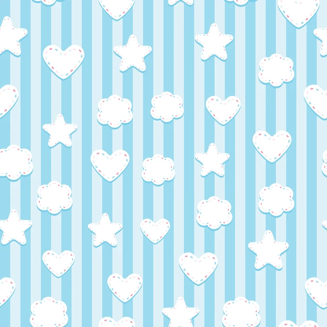 a blue and white striped background with hearts and airplanes, an illustration of, tumblr, icon pattern, lucky star, cotton clouds, paper decoration