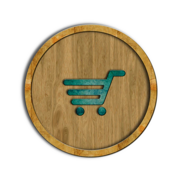 a wooden button with an icon of a shopping cart, a digital rendering, by Edward Bailey, cellar, iconography background, made in maya and photoshop, vine