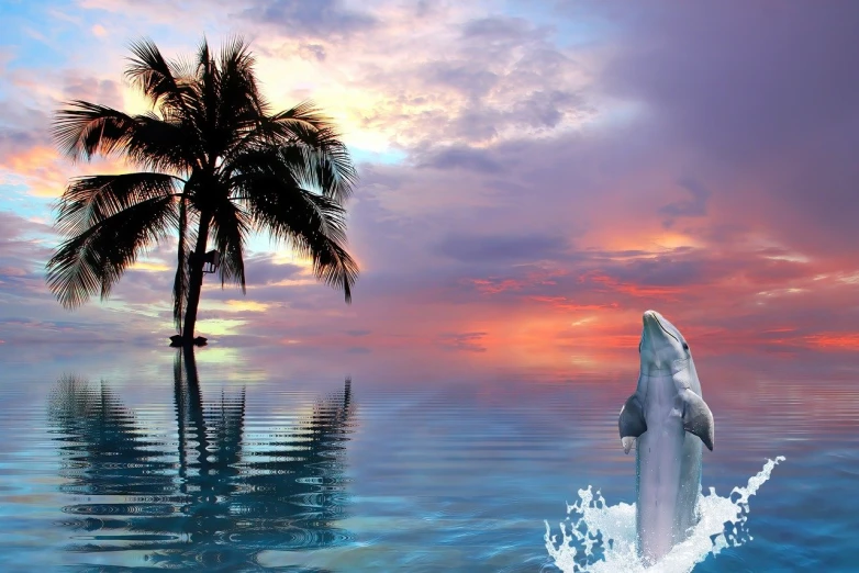 a dolphin jumping out of the water in front of a palm tree, a stock photo, by Jon Coffelt, romanticism, photo-shopped, dream pool, at the beach on a sunset, beatiful backgrounds