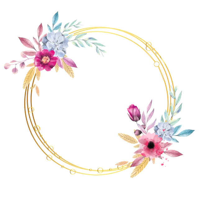 a wreath of flowers on a black background, a digital rendering, gold gilded circle halo, blue and pink accents, beautiful frames, gold rings