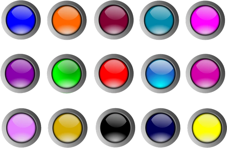 a bunch of different colored buttons on a white background, a digital rendering, flickr, shiny silver, created in adobe illustrator, led indicator, colored manga