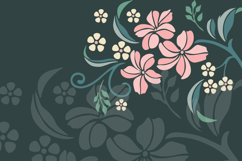 a picture of a bunch of flowers on a black background, a digital rendering, art nouveau, green and pink fabric, clematis theme banner, pastel simple art, hawaii