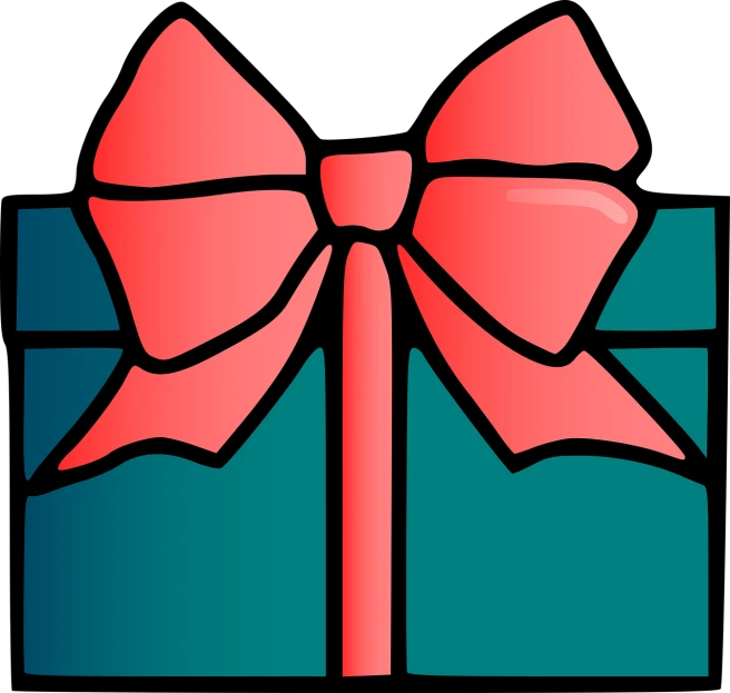 a blue gift box with a red bow, pixabay, computer art, teal and pink, on a flat color black background, coloured woodcut, thick bow