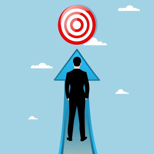 a man standing on top of a blue arrow, an illustration of, sharp focus vector centered, wearing a black and red suit, cone, back turned