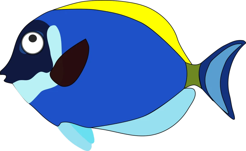 a blue and yellow fish on a black background, a raytraced image, inspired by Alfred Manessier, mingei, style of disney animation, cel-shaded:17, animation pixar style, full res