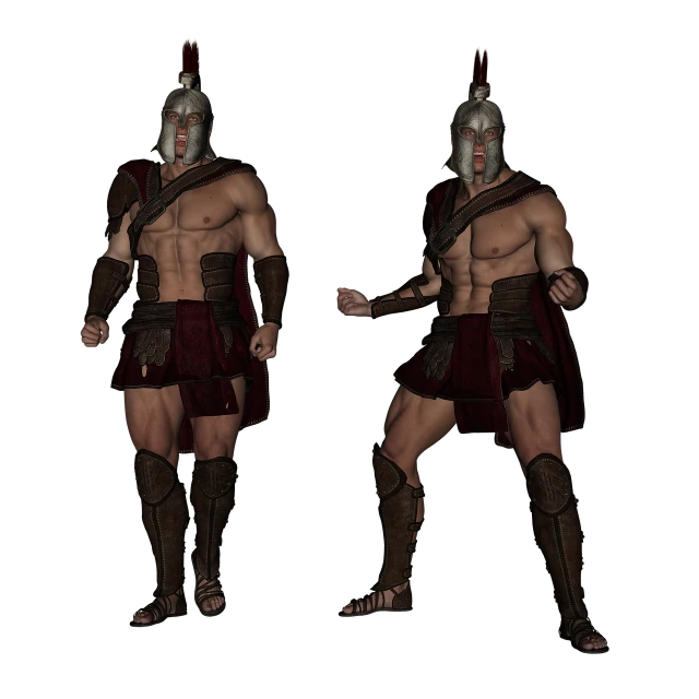 a couple of men standing next to each other, a 3D render, inspired by Exekias, spartan rage, full body shots, brutus, high res render