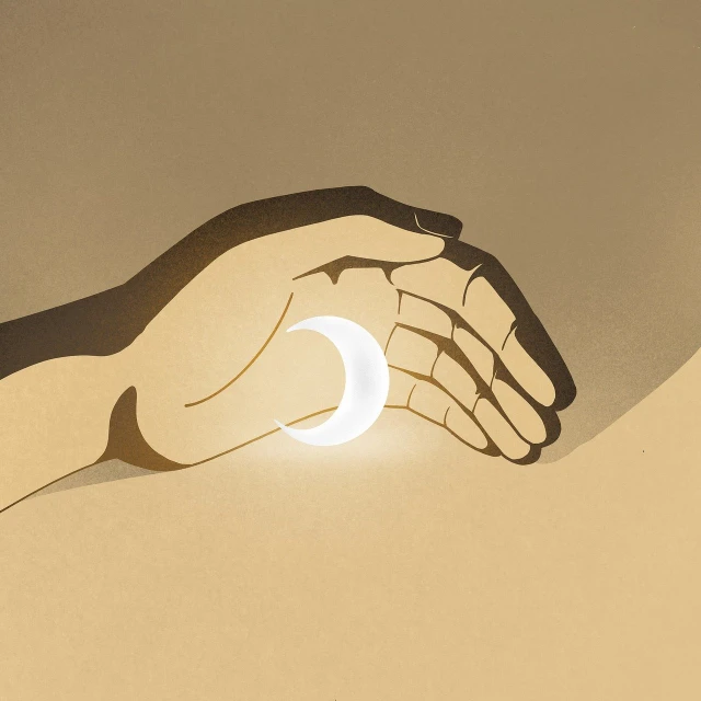 a person holding a crescent in their hand, an illustration of, by Ivan Generalić, trending on behance, vanilla - colored lighting, paper cut out, sensual lighting, bump in form of hand