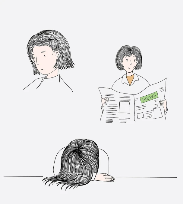 a drawing of a woman reading a newspaper, a picture, portrait of depressed teen, clean lineart and flat color, someone lost job, head and shoulders view