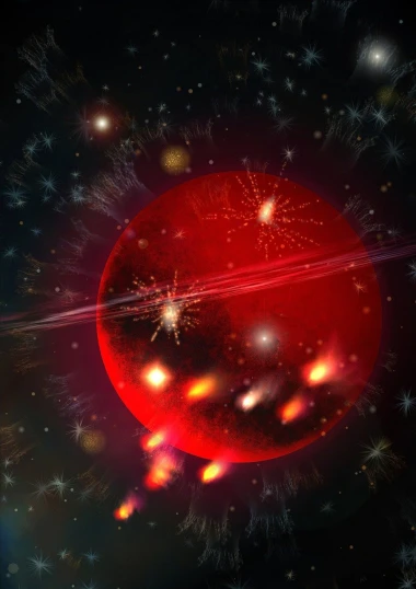 an image of a red planet surrounded by stars, an illustration of, particles explosion, tsukasa dokite, red lens flare, panspermia