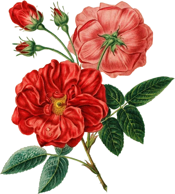 two red flowers with green leaves on a black background, by Maria Sibylla Merian, pexels, romanticism, pink rosa, eugene grasset, giant mechanical rose, 19th-century