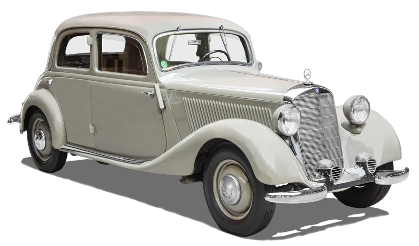 an old car is shown on a black background, a pastel, by Hans Fischer, pixabay, art deco, mercedez benz, on clear background, bangalore, circa 1940s