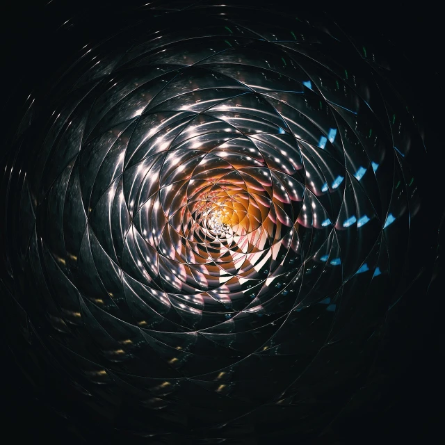 a close up of a circular object in a dark room, abstract illusionism, colorful swirly magical ripples, lights with bloom, light at the end of the tunnel, shot from below
