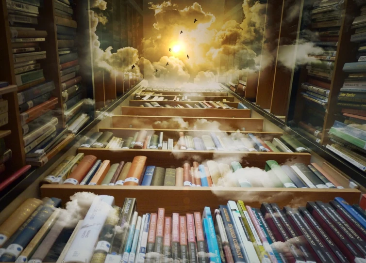 a book shelf filled with lots of books, by Bernardino Mei, shutterstock, fantastic realism, airbrushed clouds, heavens gate, dusty library, sky bridge