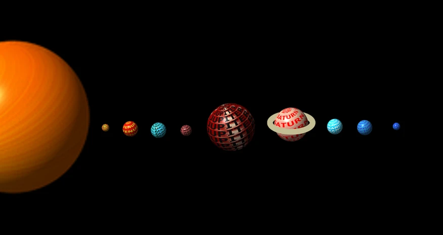 an artist's rendering of a solar system, a raytraced image, by Jon Coffelt, flickr, toys, 2 0 0 1 : a space odyssey, space ships, red shift render