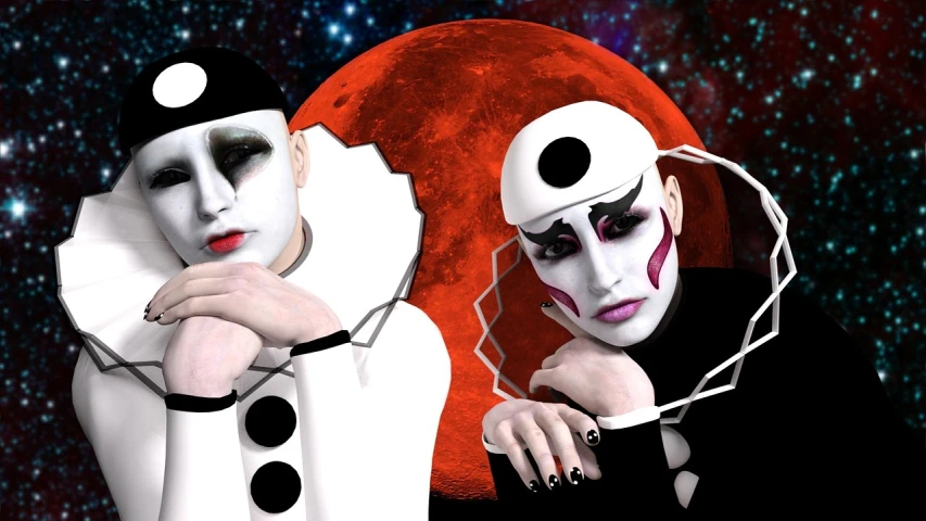 a couple of clowns standing next to each other, inspired by James Bolivar Manson, trending on pixabay, digital art, blood moon eclipse, an alien musician lost in space, white face makeup, sitting on a moon