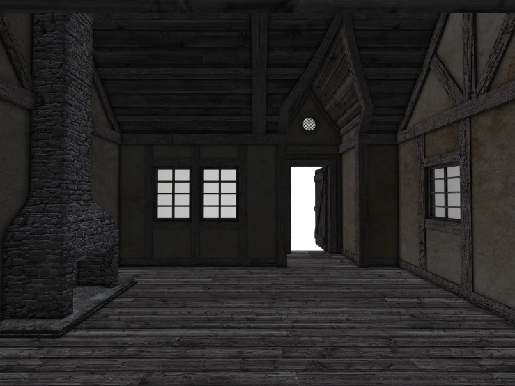 a room with a fireplace in the middle of it, an ambient occlusion render, digital art, medieval cottage interior, dark alley, wooden house, 3rd person view