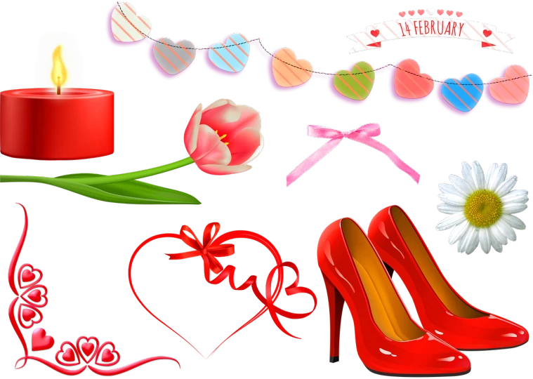 a collection of valentine's day items on a black background, vector art, by Valentine Hugo, trending on pixabay, pop art, her footwear is red high heels, ribbons and flowers, 🎀 🧟 🍓 🧚, miscellaneous objects