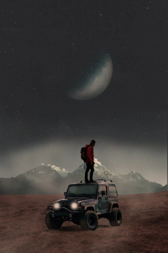 a man standing on top of a jeep in the desert, digital art, by jessica rossier, digital art, standing on the moon, collage style joseba elorza, in the night, moonlit parking lot