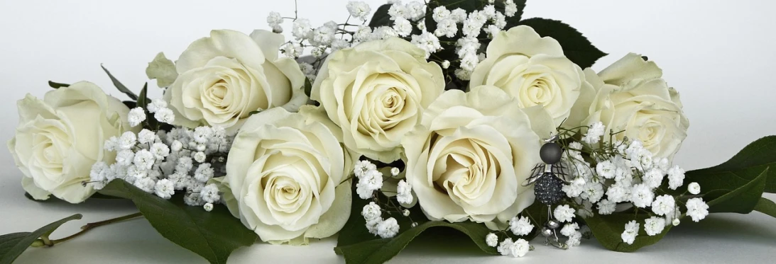 a bouquet of white roses and baby's breath, a digital rendering, pixabay, close up half body shot, medium closeup, middle close up shot, smeared flowers