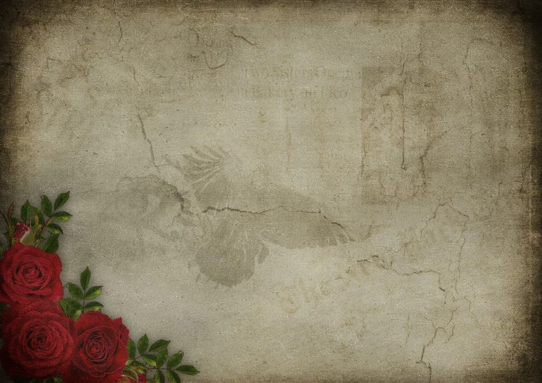 a grunge background with red roses and a bird, trending on pixabay, carved in stone, high definition screenshot, heartbroken, with wings