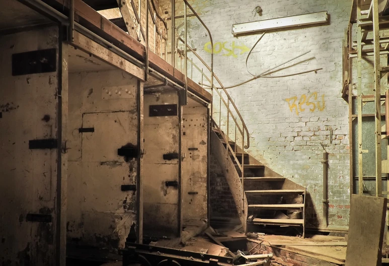 a stairwell in an abandoned building with graffiti on the walls, by Richard Carline, flickr, graffiti, inside an old weapon shop, an empty backroom at night, collapsed floors, entrance to abandoned mine