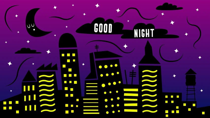 a cartoon picture of a city at night, vector art, trending on pixabay, naive art, googie motifs, goodnight, purple and black, with text