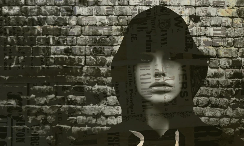 a man standing in front of a brick wall, a picture, inspired by Penny Rimbaud, trending on pixabay, digital art, portrait of a ominous girl, fragmented typography, hooded, young woman's face