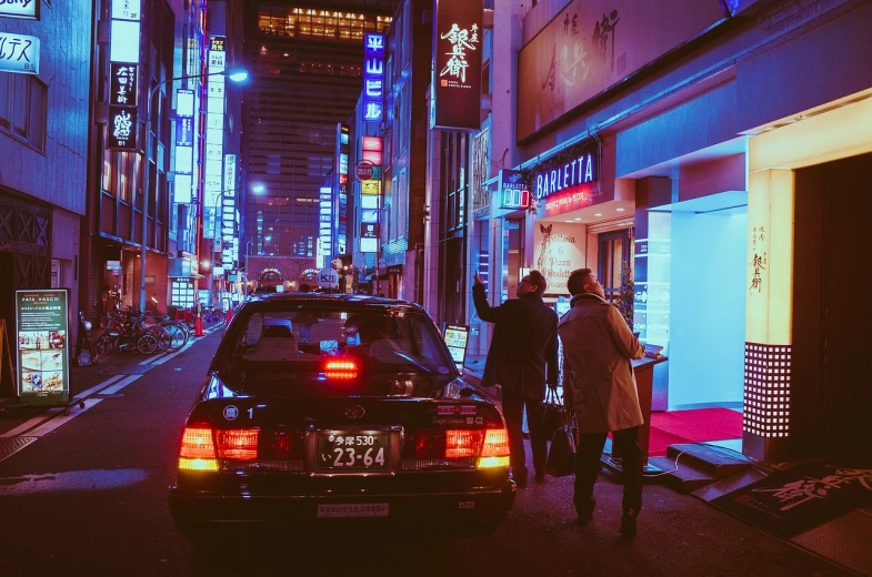 a couple of people walking down a street next to a car, cyberpunk art, pexels contest winner, japan travel aesthetic, 🕹️ 😎 🔫 🤖 🚬, taxi, enter night