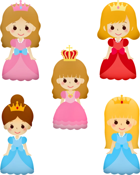 a group of cartoon princesses with crowns on their heads, on black background, girl in a dress, super detail of each object, :6