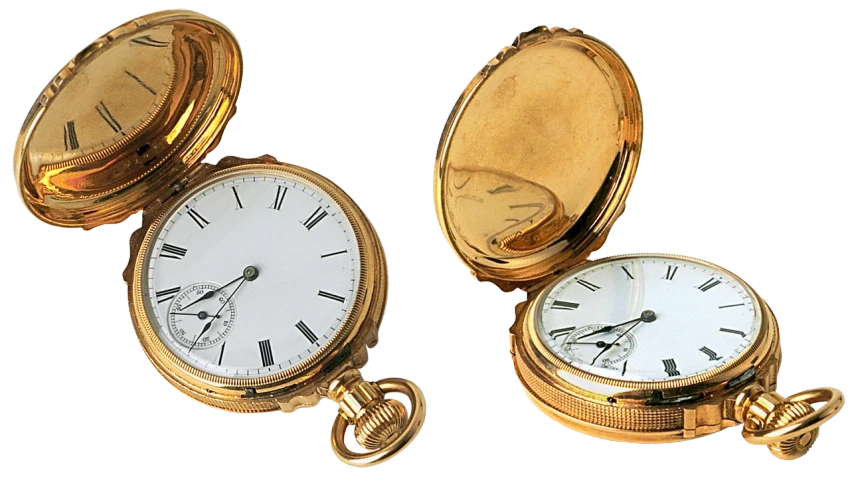 a couple of gold pocket watches sitting next to each other, by Paul Davis, art nouveau, front and side views, hyperdetailed photo, header, 6 4 0