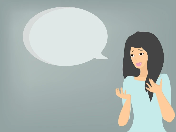 a woman with a speech bubble above her head, vector art, flat grey background, talking, prompt young woman, not cropped