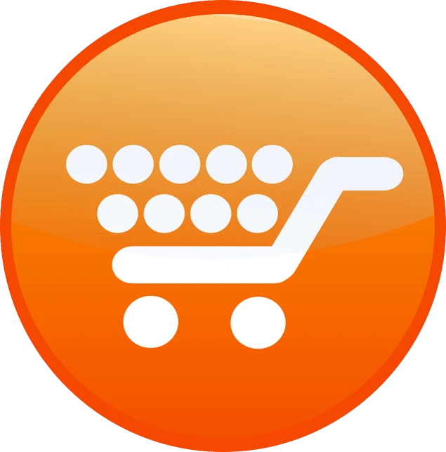 an orange button with a shopping cart filled with dots, pixabay, no gradients, istockphoto, luxury furniture, low resolution