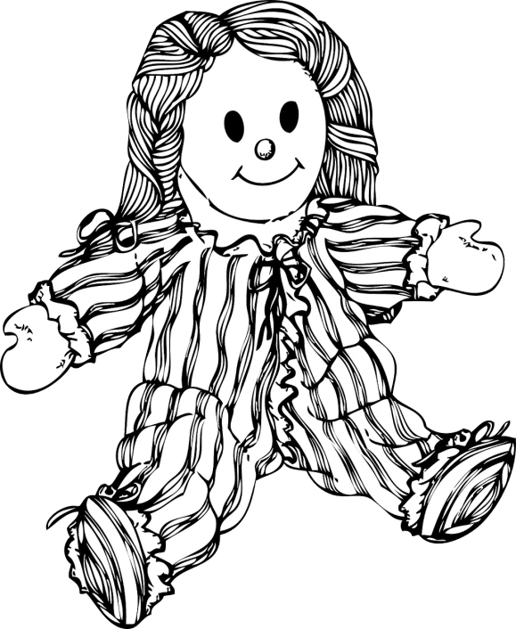 a black and white drawing of a doll, lineart, by Maxwell Bates, pixabay contest winner, digital art, wearing pajamas, smiley, digitally painted, stringy