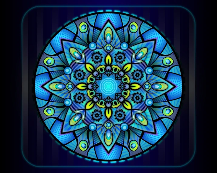 a blue and green circular design on a black background, vector art, by Joe Mangrum, shutterstock, psychedelic art, in the style dan mumford artwork, beautiful black blue yellow, ios app icon, a beautiful buddhist mandala