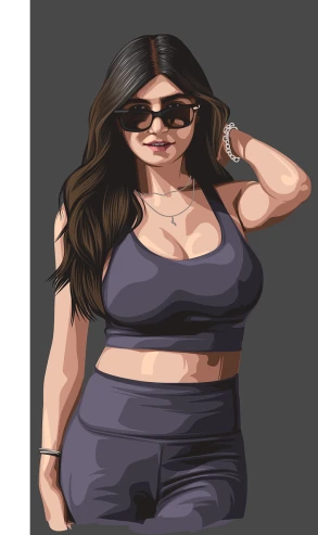 a woman in a sports bra top and shorts, vector art, inspired by Ion Andreescu, Artstation, portrait of kim kardashian, style of gta v artworks, thick dark glasses, girl with long hair