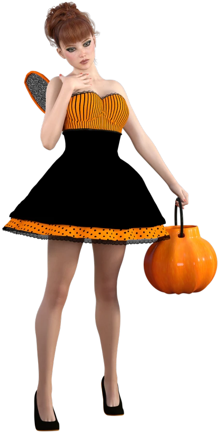 a woman in a dress holding a pumpkin, a digital rendering, inspired by Ray Caesar, trending on zbrush central, 15081959 21121991 01012000 4k, polka dot, full body close-up shot, wearing honey - themed miniskirt