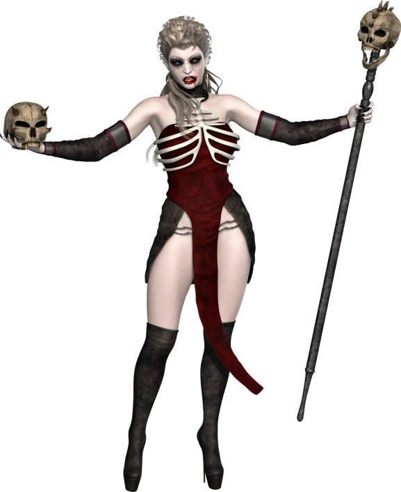 a woman that is holding a stick and a skull, a digital rendering, gothic art, dark sorceress fullbody pose, full body frontal view, red and black costume!!!, tibetan skeleton dancer