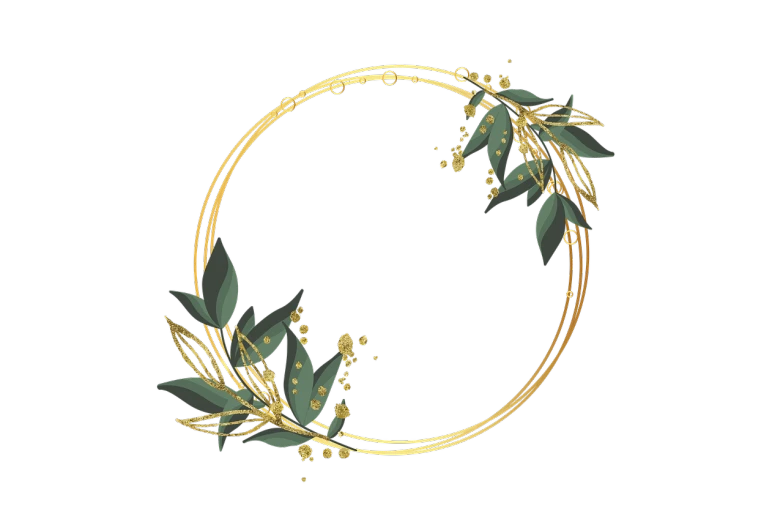 a gold wreath with leaves and berries on a black background, digital art, green jewelry, round shapes, flower frame, gold and black metal