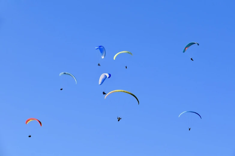 a group of people flying kites in a blue sky, a picture, figuration libre, skydiving, wide shot photo, 1128x191 resolution, flying beetles