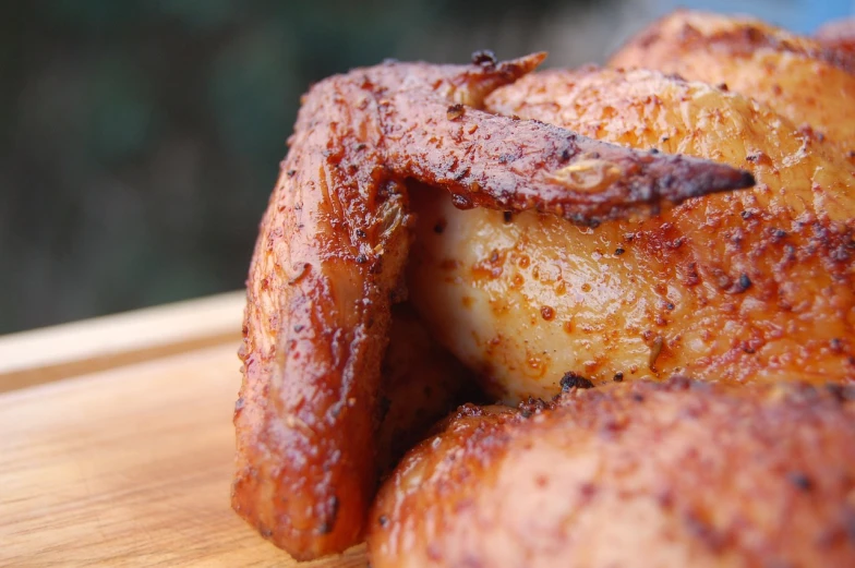 a close up of a cooked chicken on a cutting board, by Joe Sorren, hurufiyya, wings of fire, cinnamon, slice of life”, swan