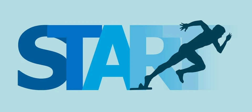 a silhouette of a man running next to the word start, inspired by Tony Sart, net art, blue arara, star inside, digital banner, tartarian architecture